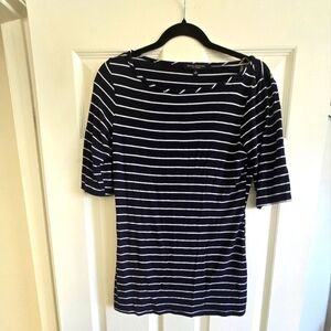 Navy Striped dress tee. Elbow length sleeve size L